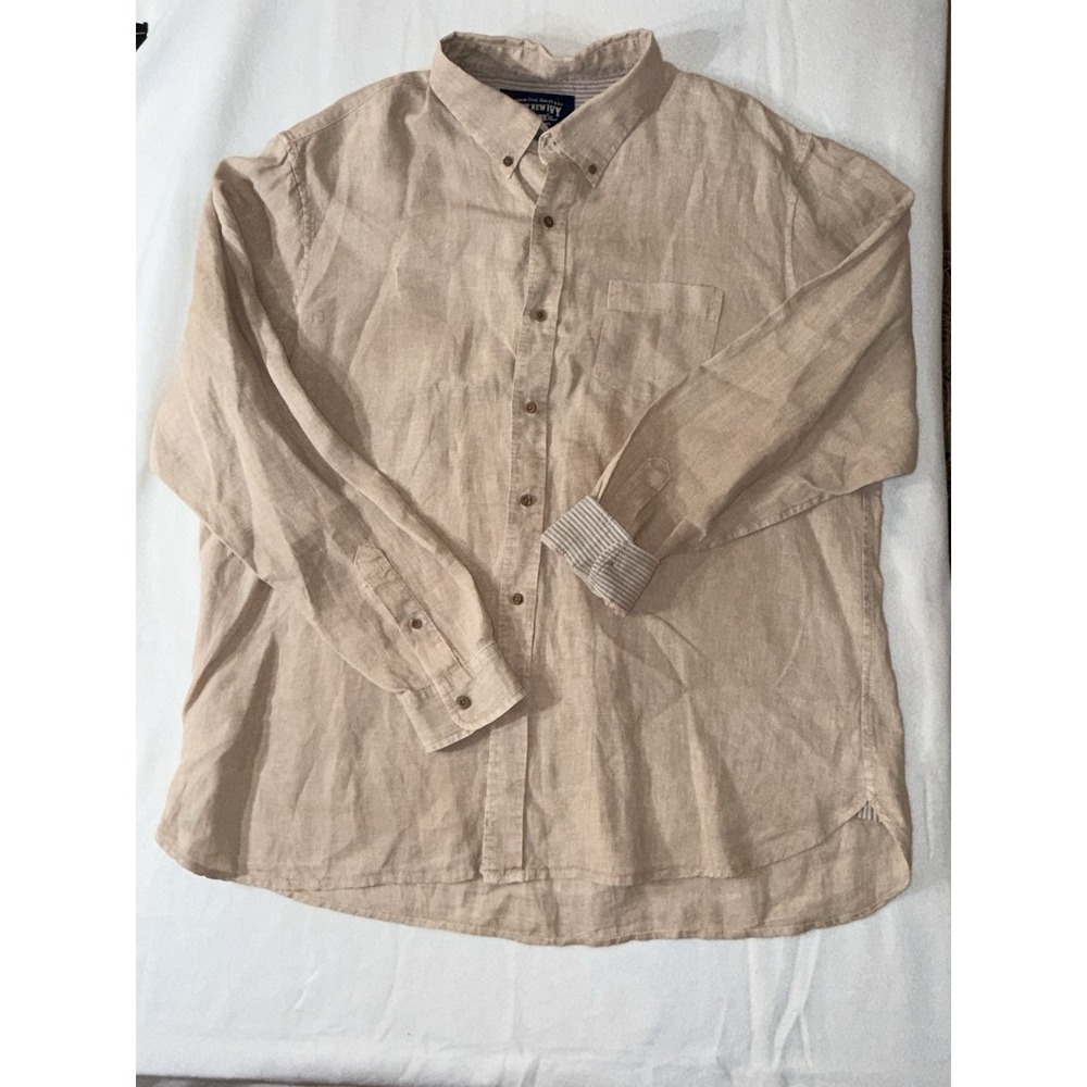 THE NEW IVY BRAND Mens 100% Linen Button Up Shirt Sz XXL Beige Long Sleeve